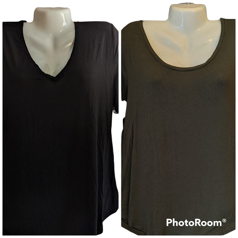 Old Navy BUNDLE Luxe Black Curved Hem V Neck Tee & Olive Green Scoop Neck Tee L
